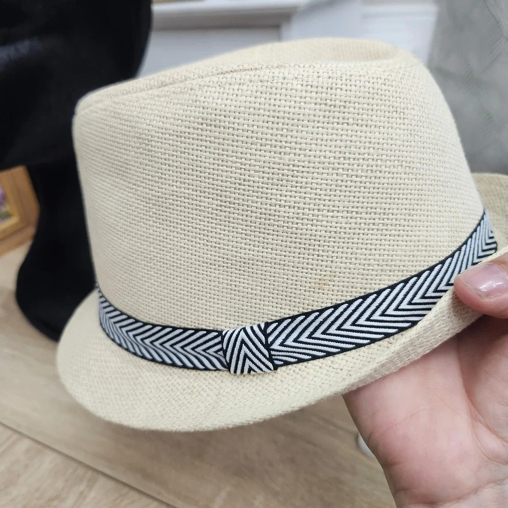 Mens Straw Fedora Hat‎ Beige Black Chevron Band One Size Summer Beach Sun